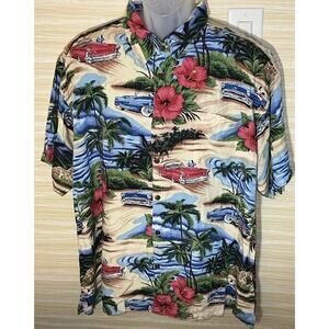 Big Dogs Vintage Car Floral Hawaiian Short Sleeve Shirt XL 0422